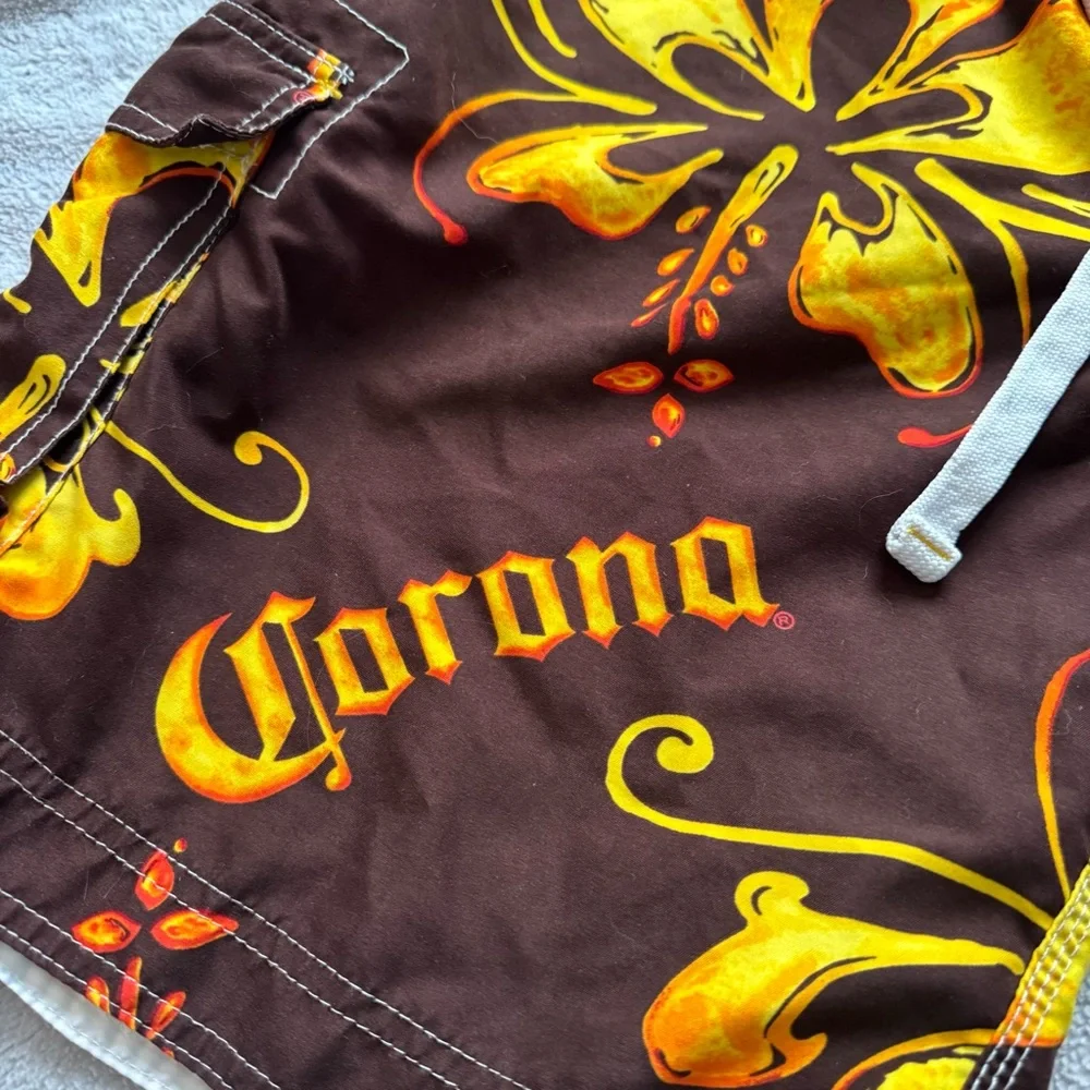 Corona Extra Hibiscus Floral Beer Board‎ Shorts Swim Trunks Brown Mens L